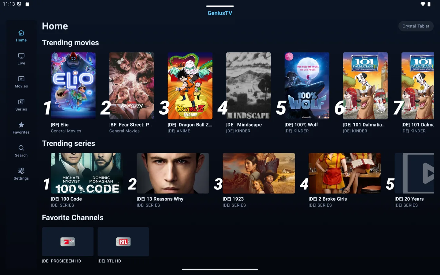 GeniusTV home screen on a tablet