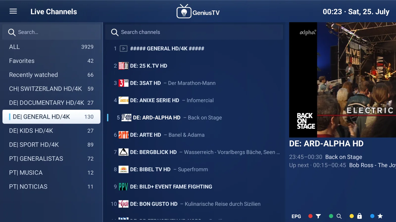 GeniusTV live channel categories on Android TV